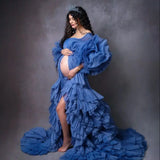 ﻿ MQTIME  -  Blue Maternity Dress for Photography Off Shoulder Full Sleeve Slit Pregnancy Photshoot Ruffled Tiered Babyshower Gown