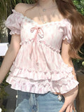  MQTIME  -  Sweet Temperament Flower Print V Neck Puff Sleeve Bow Ruffles Bandage Women Blouse