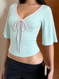 MQTIME  -  Sweet Contrast Color V Neck Half Sleeve Temperament Slim All Match Y2k Knitted T-Shirts
