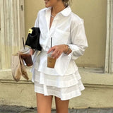 MQTIME  -  White Shirt and Cake Skirt Set for Women Set with Turn Down Collar Long - Sleeve Design Shirt and High Waisted Short Skirt