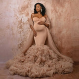 MQTIME  -  Khaki Pregnant Dress Mermaid Floor Length Maternity Gowns with Cloak Cape Off Shoulder Maxi Dresses Pregnant Babyshowe