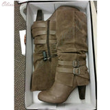 MQTIME  -  Y2K Women Taupe Suede Slouchy Mid Calf Boots Double Metal Buckle Straps Ruched Shaft Block Heel Vintage Cowgirl Casual Boots