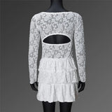MQTIME  -  Women's Skirts Outfits Lace Low-Cut Tie-Up Front Long Sleeve Ruffles Crop Tops Mini Skirt 2 Pieces Clothes Dress Set Summer