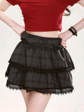 MQTIME  -  Plaid Mini Skirt Women Lace Patchwork High Wasit Ball Gown Skirts with Bow Korean Fashion Preppy Style Uniform Clothes