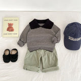 MQTIME  -  New autumn clothing for babies aged 0-3, striped lapel long sleeved polo shirts for boys and girls
