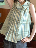  MQTIME  -  Preppy Japanese Turn Down Collar Sleeveless Single Breasted Plaid Women Shirt