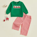 MQTIME  -  Baby Girl Christmas Outfit Reindeer Applique Ruffle Sleeve Top and Red Plaid Pants 2 Piece Set for Toddler Infant