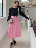 Mqtime 2025 French Style Pregnant Women Elegant Dress Plus Size Long Sleeve O-Neck High Waist Maternity A-Line Dress Long Loose Clothes