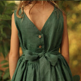 MQTIME  -  Vintage Cotton Linen Girls Sleeveless Dress Chic Open Back Buttons Bandage Bow Sweet Loose Wending Evening Party Dresses