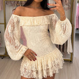 MQTIME  -  Sexy Sheer Long Sleeved Embroidered Women's Party Dress Fall Elegant Solid Color Mini Dress Fashion Off Shoulder Slim Lace Dress