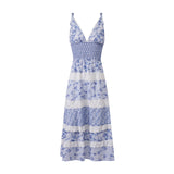 MQTIME  -  Women's Boho Floral Smocked Maxi Dress Y2k Patchwork Lace Layered Long Beachwear Dresses Casual Flowy Summer Sundress