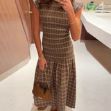 MQTIME  -  Vintage Grid Printed Slim Big Hem Dress Elegant O-neck Women Short Sleeve Party Dress Temperament High Waist Pleated Maxi Dress
