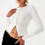 MQTIME  -  Women's Summer Y2K Basic Cropped Tops Ribbed Button-down Front Long Sleeve Simple Slim Fit Grunge T-Shirt Streetwear