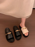 MQTIME  -  Women's Black PU Flat Sandals Comfortable Summer Beach Shoes Casual Euro-American Style Metal Buckle