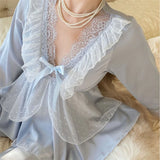 MQTIME  -  Spring New Lace Pajamas Suit Princess Style Nightwear  Rayon Stain Solid Long Sleeve Deep V-Neck Home Clothes