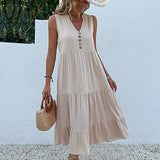 MQTIME  -  Solid Color Straight Tank Dress Sleeveless Holiday Viscose Maxi Dress Button Up V Neck Boho Dress Vacation Robes
