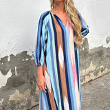 MQTIME  -  V-neck Long Dress With Sleeves Summer New Ladies Loose Party Dresses Vintage Pleated Stripe Printed Commuting Maxi Dresses