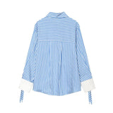 MQTIME  -  Women Orange White Vertical Stripe Shirt Lapel Collar Long Sleeve Cuff Tie Loose Pocket Front Shirts Lady Oversize Casual Blouse