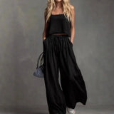 MQTIME  -  Spring and Summer Women's Solid Color Casual Cotton and Linen Suspender Top Wide Leg Pants Set