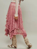 MQTIME  -  Women Lace Ruffle Courtship Half Slip Elastic Waist Asymmetrical Hemline Midi Skirts Semi Sheer Layered Maxi Skirts