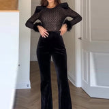 MQTIME  -  Women Patchwork Velvet Slim Party Rompers 2025 Long Sleeve Feather Combination Luxury Lattice High Waist Wide Leg Long Jumpsuit