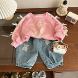MQTIME  -  Infant Baby Girl Spring Jeans Cotton Bear Embroidery Loose Children Girl Lantern Pants Elastic Waist 1-6Y Girls Denim Pants