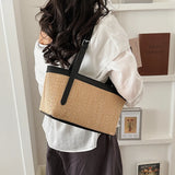  MQTIME  -  Women's Khaki Straw Weave Leather Patchwork Tote Bag Vacation Casual Aesthetic Beach Daily Shoulder Handbag Summer Trend
