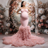 MQTIME  -  Blush Pink Strapless Maternity Photoshoot Dress Custom Bodycon Mermaid Baby Shower Gown Fluffy Ruffle Tulle Pregnancy Dress