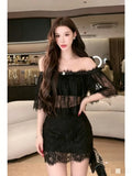 MQTIME  -  French Coquette Sexy 2 Piece Set Women Off Shoulder Lace Crop Top Bow High Waist Bodycon Mini Skirt Slim Fit Dress Elegant Party