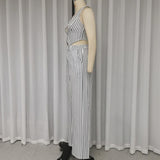 MQTIME  -  Women 2 Piece Set Summer Office Striped Print Sleeveless V Neck Single Breasted Button Vest Top Loose Wide Legs Pants Set