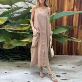 MQTIME  -  Elegant V Neck Loose Suspender Dress Lady Vintage Linen Sleeveless Pocket A-line Dress Leisure Sleeveless Irregular Solid Robes