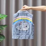 MQTIME  -  2-8 Years Old Girls Denim Vest Turn Down Collar Sleeveless Kids Cartoon Jean Jacket Spring Autumn Casual Kids Outerwear