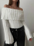 Mqtime Women Solid Slash Neck Knitted Sweater Autumn Long Flare Sleeve Cropped Jumper Top Fashion Lady Elegant Sexy Knitwear