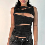 MQTIME  -  Casual Denim Crop Top Women Slim Hollow Out O-neck Vest Female Sleeveless Summer Stylish Tops Lady High Street Cool Club Party