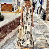 MQTIME  -  Women Bohemian Dress Deep V Neck A-Line Sleeveless Print Retro Maxi Dresses High Waist Loose Floor-Length Long Dress