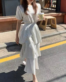 MQTIME  -  Korean Style Summer Women's Dress Lady Stretchy Tiered Dress for Travel Female Ruffled Hem Knitted Midi Dress Sweet Cake Dresses
