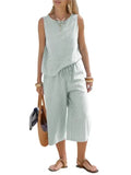 MQTIME  -  Sleeveless Printed Striped T-shirt Women 7 Point Pants Suit Fashion Pocket Top Elastic Waist Tie Loose Wide Leg Pants 2piece Set