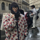 MQTIME  -  Vintage Design Rose Print Zipper Fleece Jacket Stand-up Collar Warm Top Shearling Jacket Jackets for Women Autumn Winter Coats