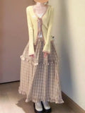  MQTIME  -  French-style Vintage 2 Piece Set Faux Two-piece Knitted Cardigan + Plaid High-waist Skirt Women New Winter Fashion Outfits