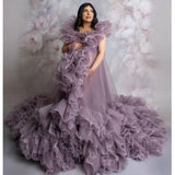 ﻿ MQTIME  -  Sexy Purple Maternity Dresses for Photography Illusion V Neck Sleeveless Pregnancy Dresses Customized Ruffled Babyshower Gowns