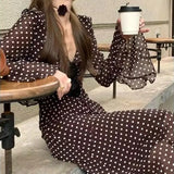 MQTIME  -  Ladies Vintage Polka Dot Chiffon Maxi Dress V Neck Flare Bell Long Sleeve Autumn Slim High Waist Casual Evening Party Long Dress