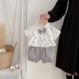 MQTIME  -  0-3Y Summer Boys Gentleman Suit Toddler Cartoon Print Short Sleeve Shirt with Bow Tie & Shorts Sets Boys Birthday Baby Clothes