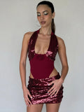  MQTIME  -  Trend Sequins Patchwork 2-Piece Set Women Appliques Halter Lace-Up Bodysuit+Peach Hip Skirt Hipster Skinny Clubwear