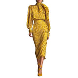  MQTIME  -  Spring New Design Sensation Satin Wave Dot Western Style High Collar Shirt and Half Skirt Two Piece Set for Women