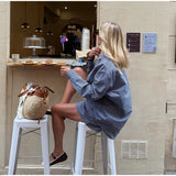 MQTIME  -  Loose 2 Pieces Women Summer Set Striped Plaid Turn-down Collar Long Sleeve Shirt Short Pants Outfits Female Shorts Suit