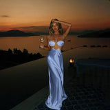 MQTIME  -  Hollow Out Lace Up Halter Backless Satin Maxi Dress Women Sexy Ruched Strapless Spaghetti Straps A-line Club Party Long Robe