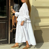 MQTIME  -  Design Ruffled Loose Dress Women's V-neck Tie Bell Sleeve White Commuter Long Dress