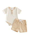MQTIME  -  Infant Boys 2-Piece Summer Set with Short-Sleeve Striped Romper and Shorts - Adorable Newborn Clothing for Warm Weather