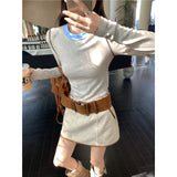 MQTIME  -  2024 Autumn New Streetwear O-neck Contrast Color Patchwork Casual Long Sleeve T-Shirt Women + Sexy A-line Skirt Two-piece Suit