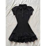 MQTIME  -  Korean Grey Waist Cinched Dress Women Summer New Slim Fit Cake Ruffle Hem A‑Line Mini Dress Fashion Dresses